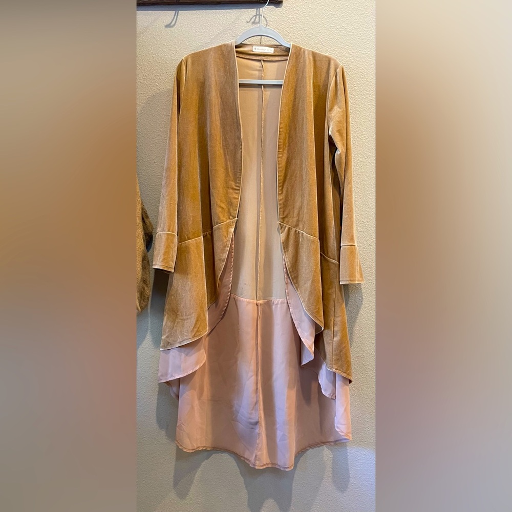 NWT R. Vivimos Tan Velvet + Chiffon Kimono Open Cardigan Duster Women’s Size S